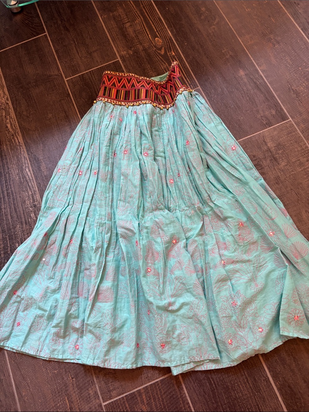 For The Republic Aqua Maxi Skirt with Embroidered Tribal Waistband